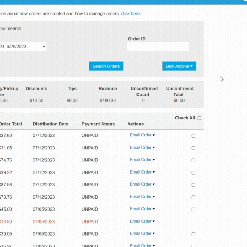 Visual of the user interface of LFM's software system. The gif shows a mouse clicking on the "select all" button, which checks off a blue check box for all orders listed on the interface.